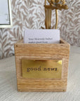 100 Days of Good News scripture cards in wooden keepsake box with gold plate reading good news