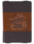 Man of God Faux Leather Journal with Zipper – Honey-Brown & Espresso | 1 Timothy 6:11