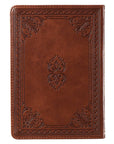 Back cover of the 52 Hebrew Words Every Christian Should Know toffee brown faux leather gift book with heat-debossed frame and stitching detail.