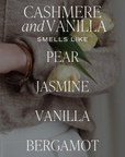 Text on overlay reads - Cashmere and vanilla smells like pear, jasmine, vanilla, bergamot.