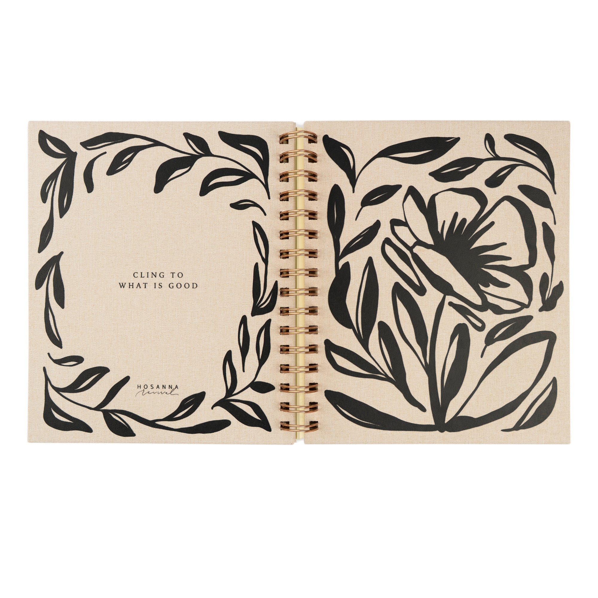 Open notebook with black floral designs on beige pages front and back cover laid flat. Cling to What is Good from Romans is displayed on back cover.