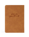 Back cover of Amelia leather-like Christian journal with suede-like brown cover featuring the lyric “Find in me thine all in all”
