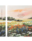 Coram 5 year prayer journal showing cover and spine with Isaiah 26:3 and floral landscape design