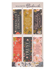 Christian magnetic bookmarks set with floral designs and Scriptures, including ‘Strength & Dignity,’ ‘Trust in the Lord,’ ‘Wonderfully Made,’ and ‘Fearfully and Wonderfully Made,’ displayed on card backing – Identity in Christ Bundle accessory from Red Ledger Gifts.