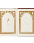 Closing pages of Palma Christian notebook with gold arch design showing space for date started and name