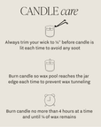 Soy candle care instructions showing wick trimming burn time and wax pooling tips for safe candle use
