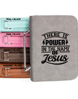 Front view of faux leather Bible cover engraved with “There Is Power in the Name of Jesus”