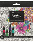Veritas Color 24-color acrylic paint marker set in floral packaging showing fine and brush tips.