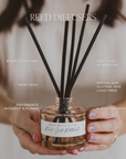 Wildflowers and salt reed diffuser showing key features including non toxic fragrance, flame free use, and long lasting scent