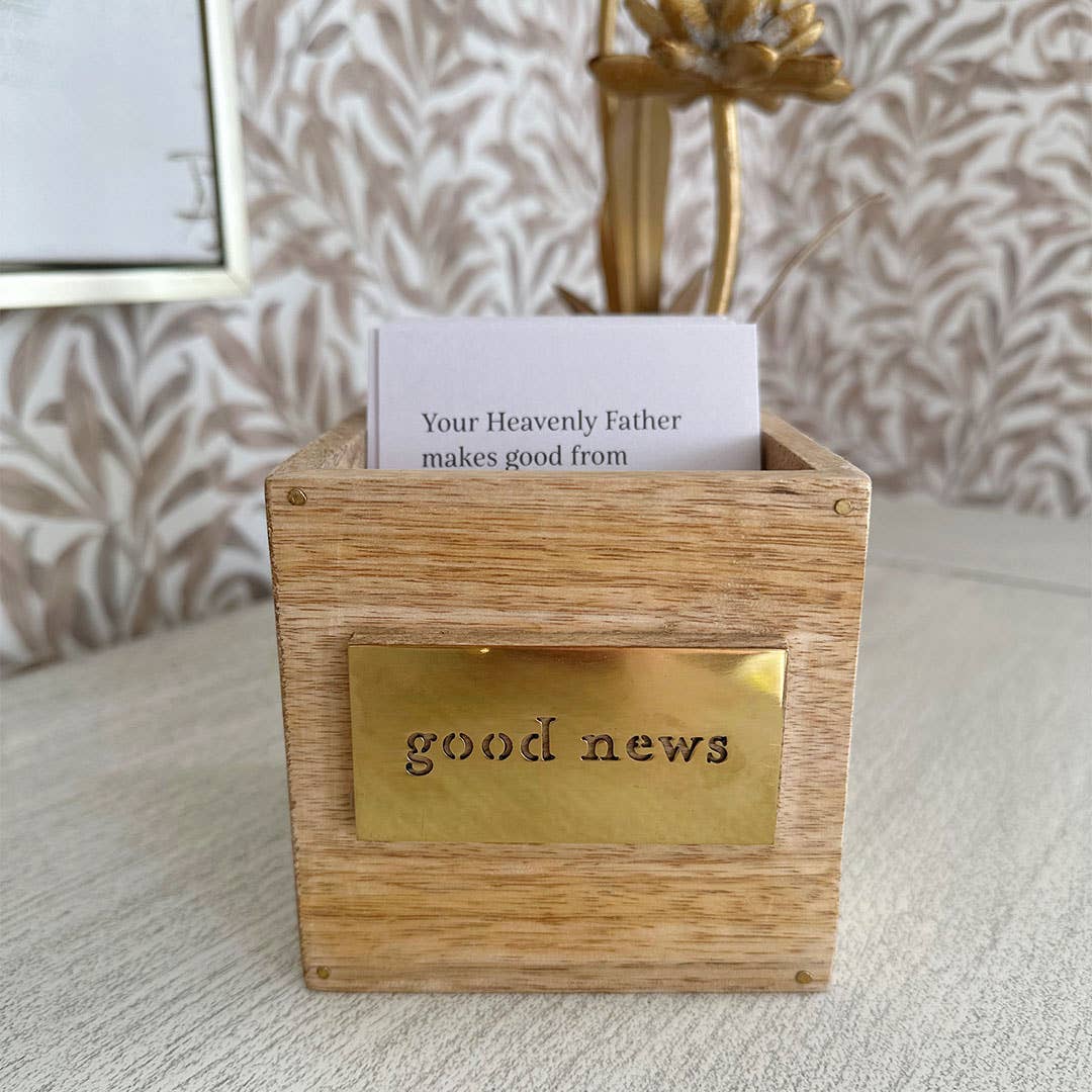 100 Days of Good News scripture cards in wooden keepsake box with gold plate reading good news