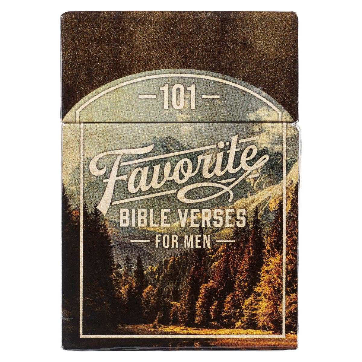 Vintage mountain-design box labeled “101 Favorite Bible Verses for Men” Christian Scripture cards gift set.
