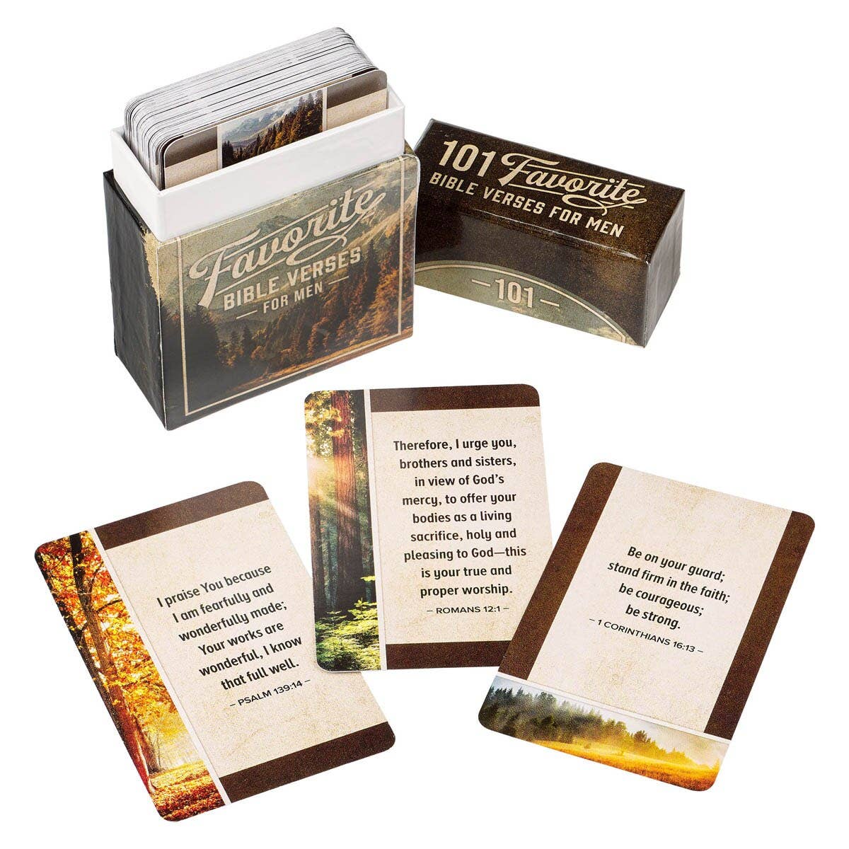Spread of nature-themed Bible verse cards for men offering daily encouragement and Scripture reminders.
