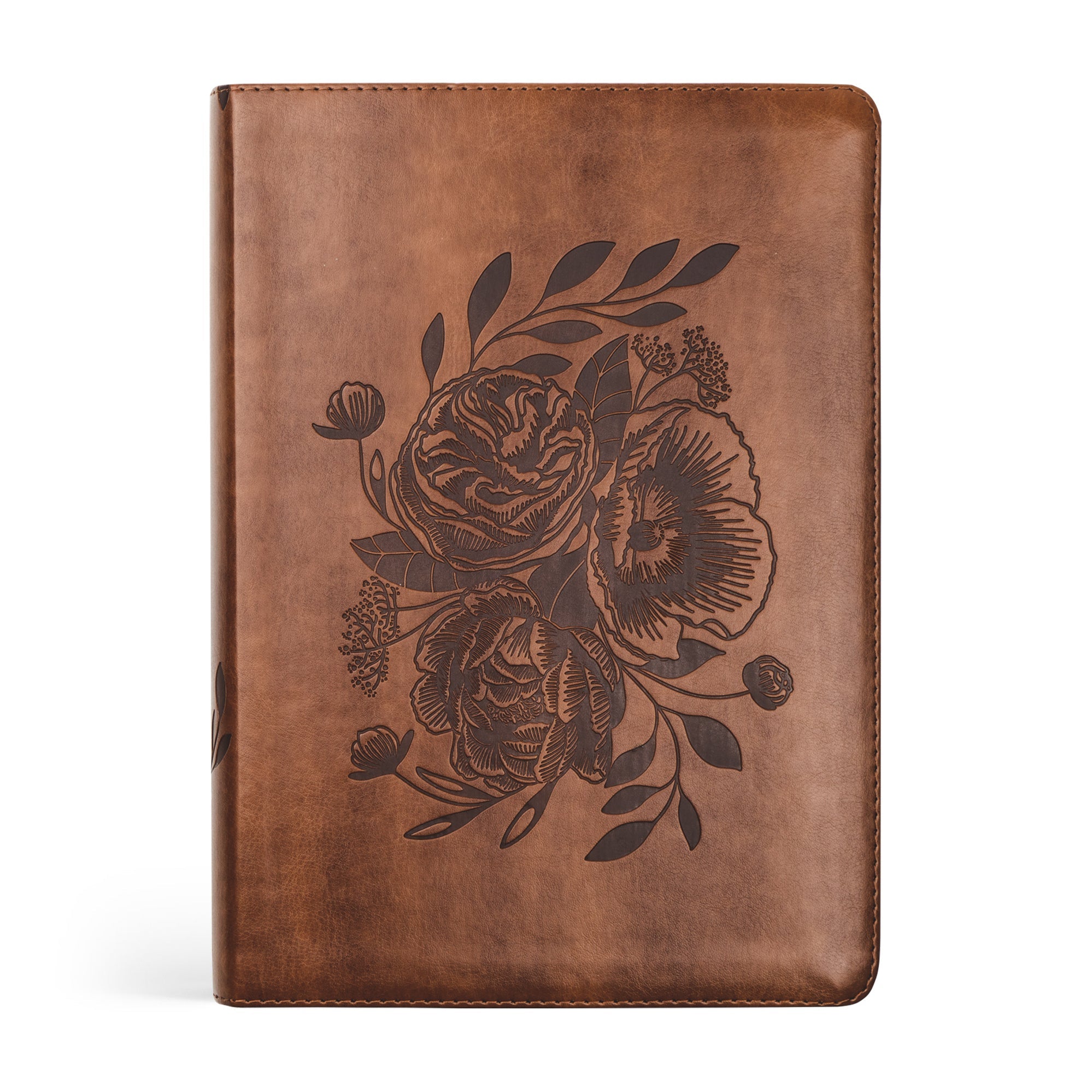A leather-like soft cover ESV Study Bible with a floral design embossed on the front.