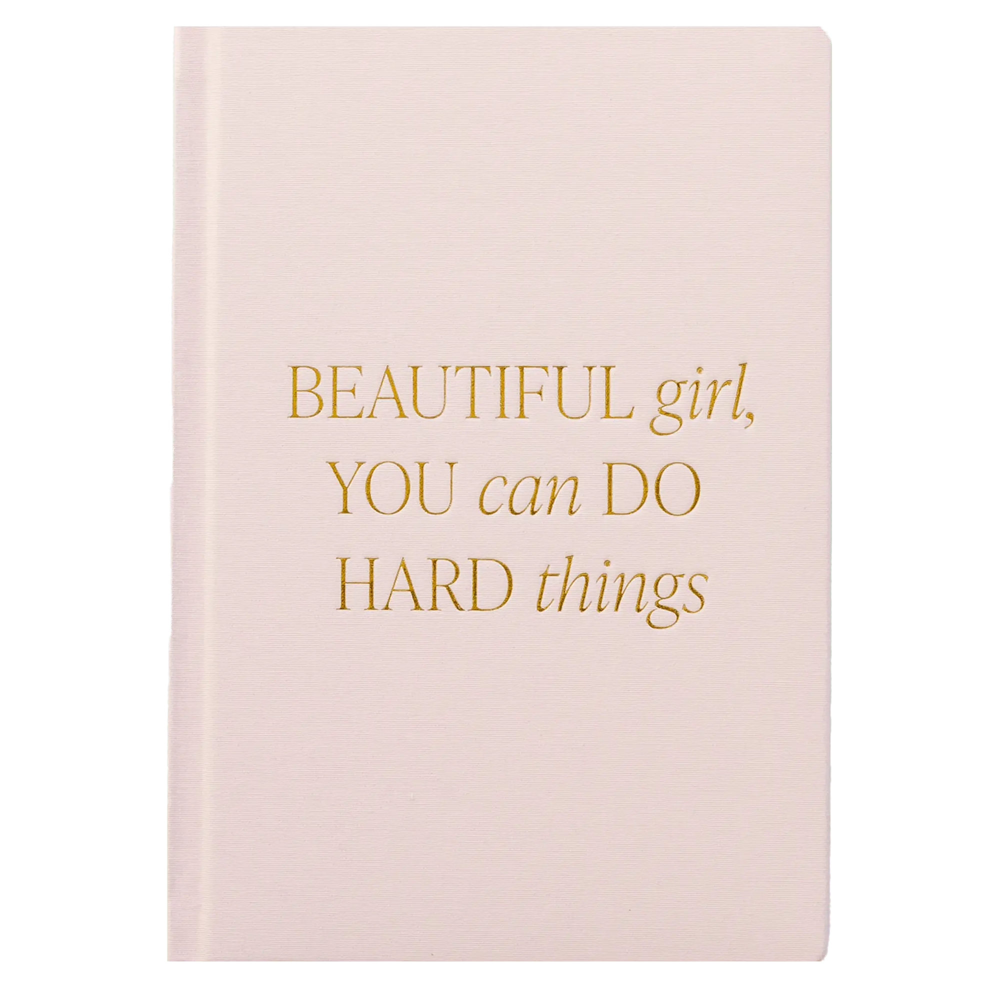 Pink notebook with gold text on a white background