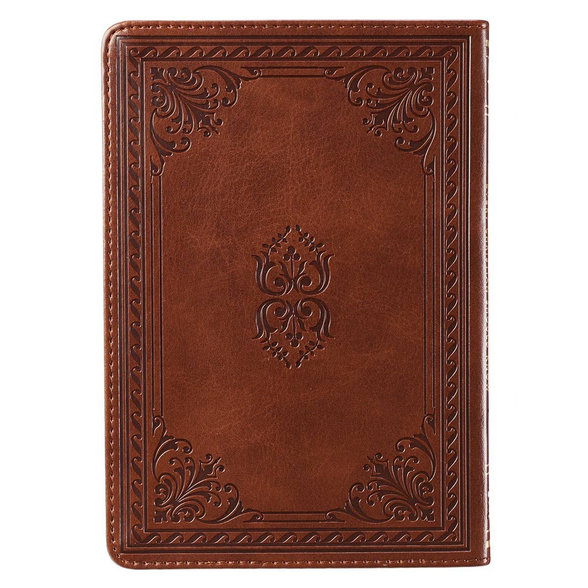 Back cover of the 52 Hebrew Words Every Christian Should Know toffee brown faux leather gift book with heat-debossed frame and stitching detail.