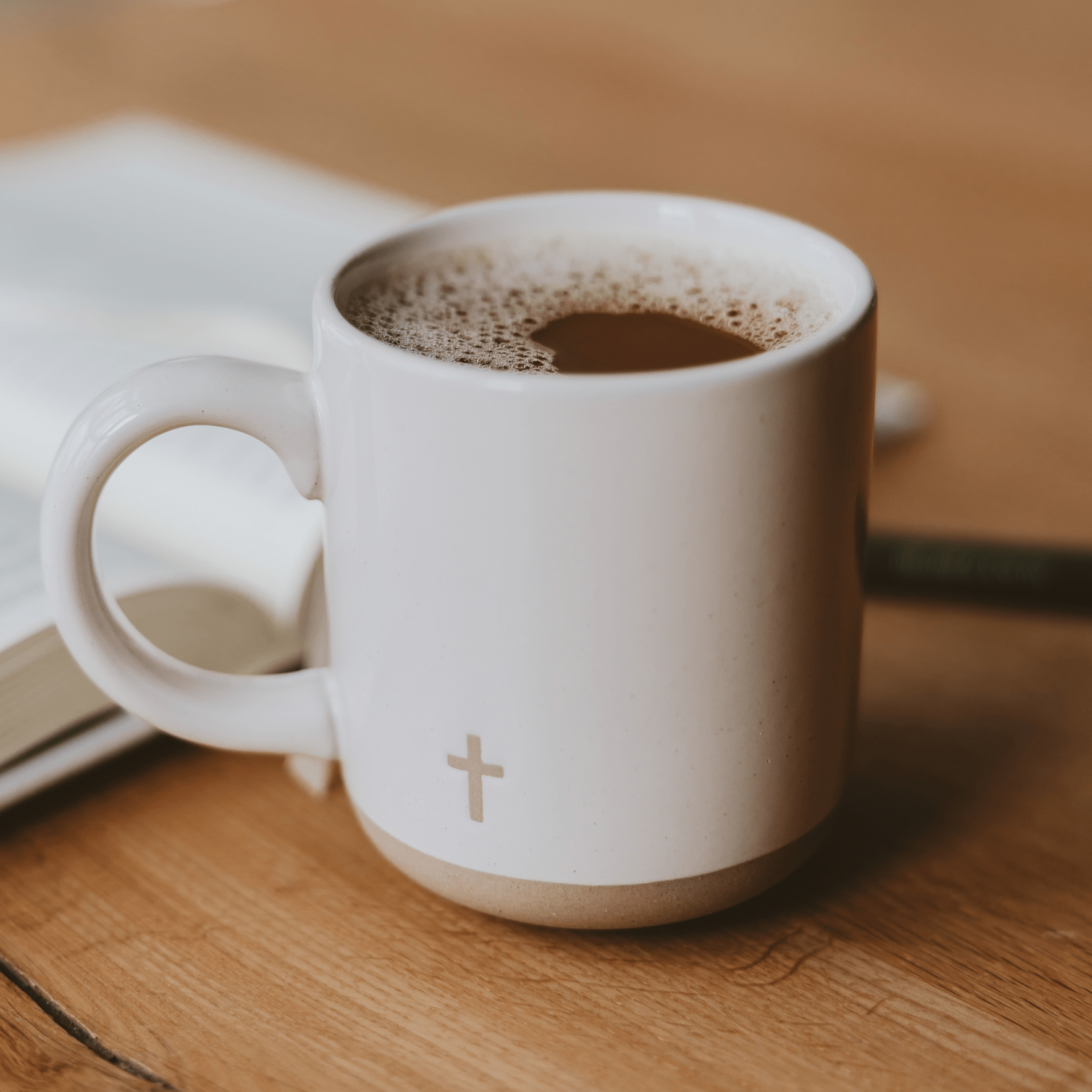 Speckled ceramic coffee mug with subtle cross detail, perfect for prayer, journaling, and morning devotionals