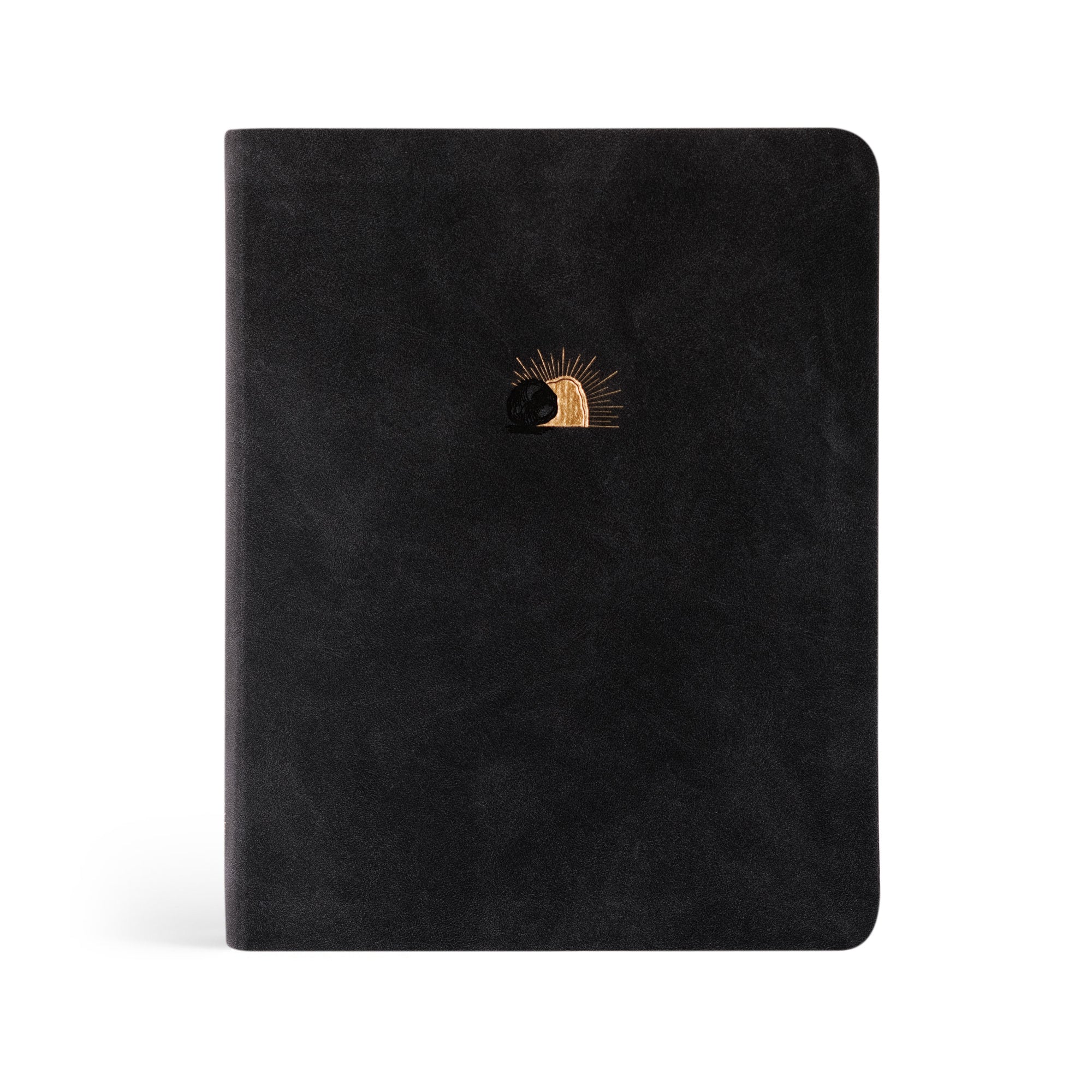 Black leather-like cover of the CSB Notetaking Bible with a gold-foiled illustration of the open tomb on the front, symbolizing Christ's victory over death.