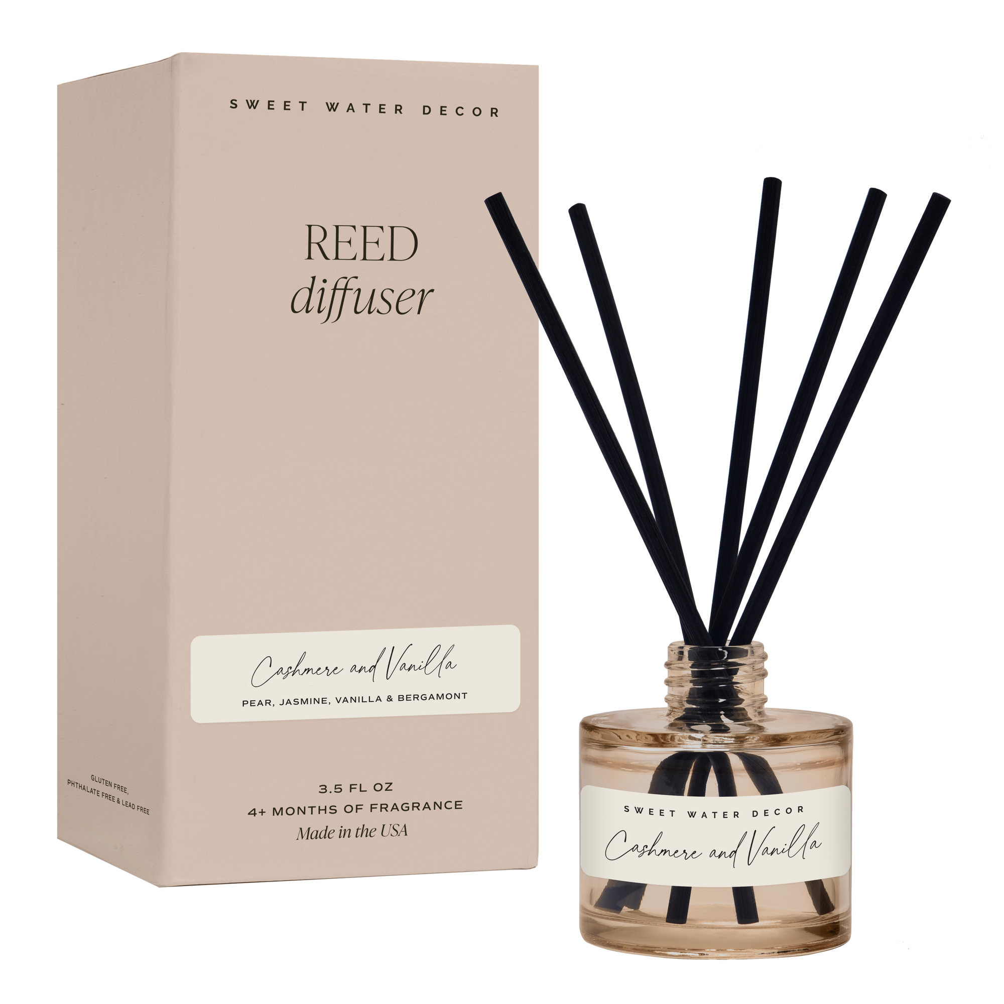 Cashmere and Vanilla Reed Diffuser in beige glass jar with black reeds – luxury home fragrance, handmade in USA