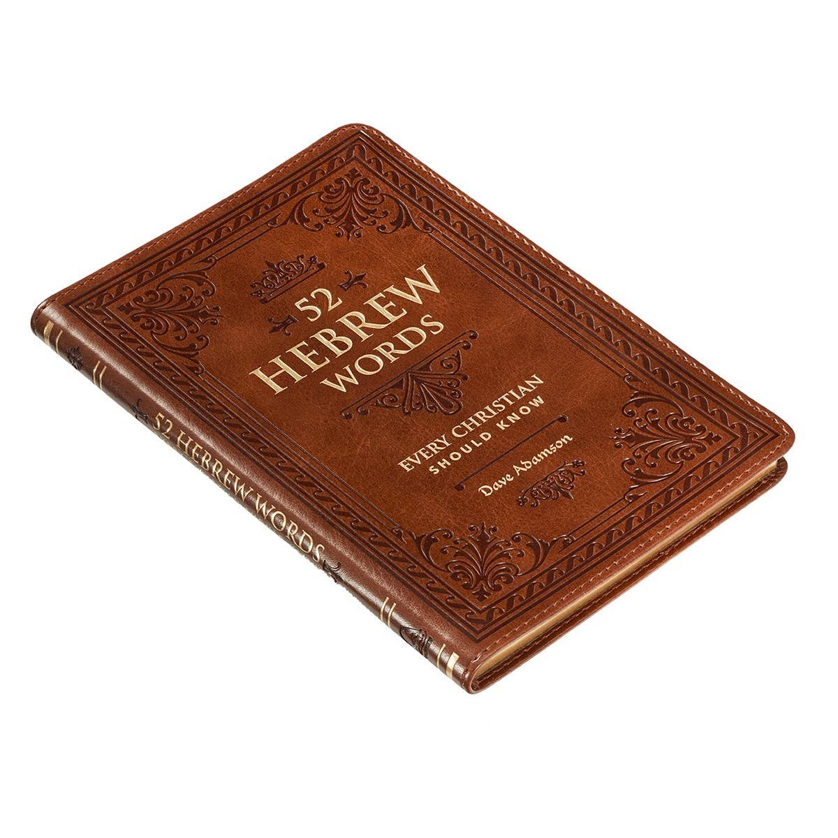 Stylish toffee brown faux leather 52 Hebrew Words Every Christian Should Know gift book with heat-debossed design and gilt-edged pages.