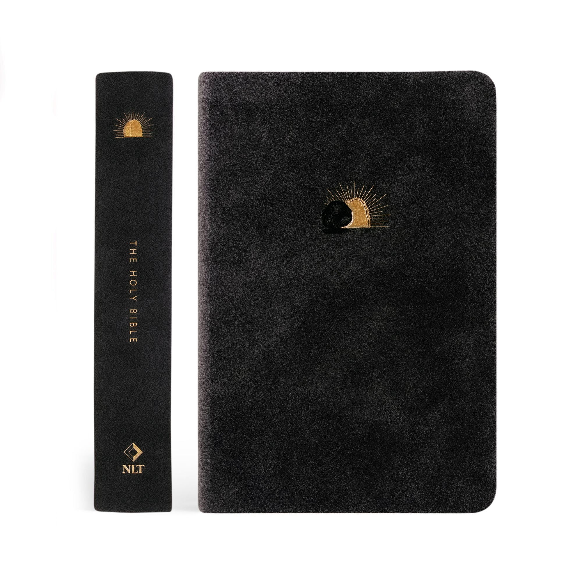 Compact NLT Jerusalem Bible showing the front cover and spine with gold sunrise artwork on a black suede-like cover.