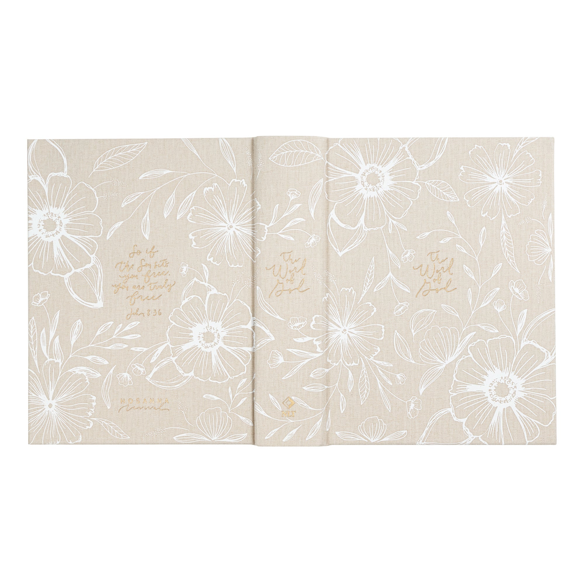 Cordova themed NLT Journaling bible is laid flat to view the front, back and spine. It is hard cover with floral canvas. 