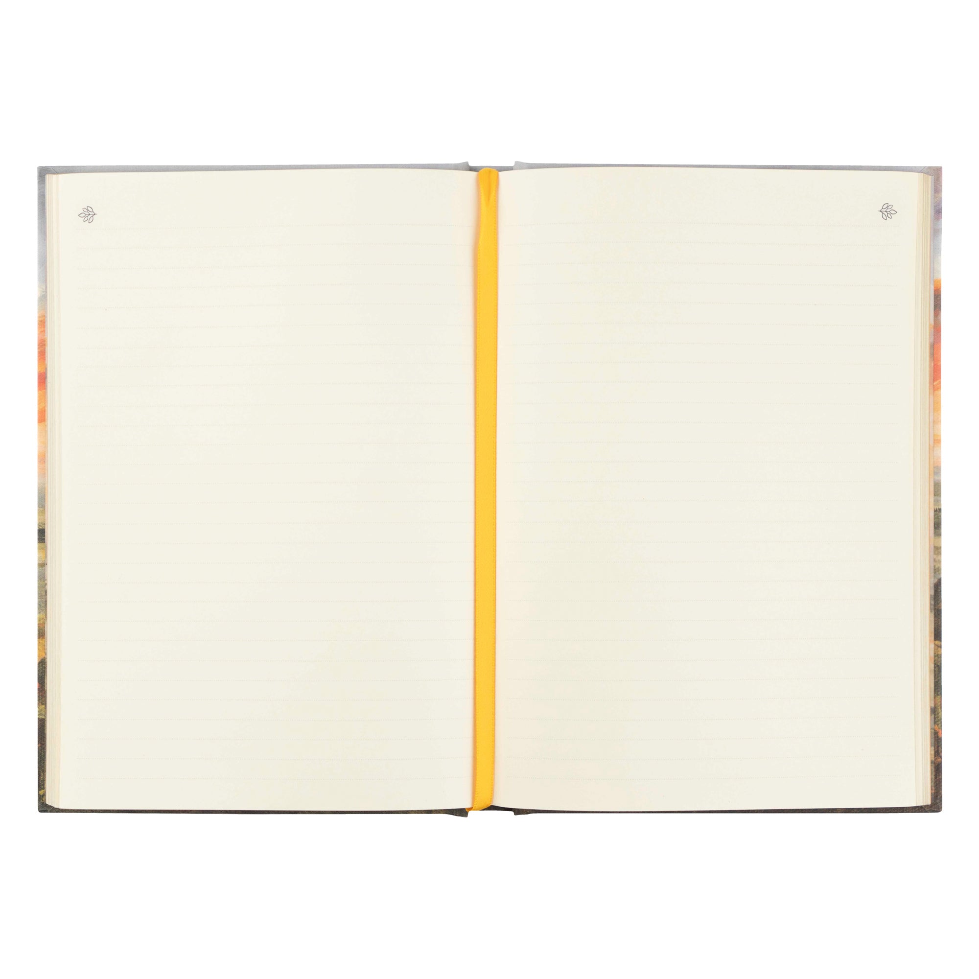 Florence Christian notebook open to lined pages with cream paper and yellow ribbon bookmark for journaling and notes