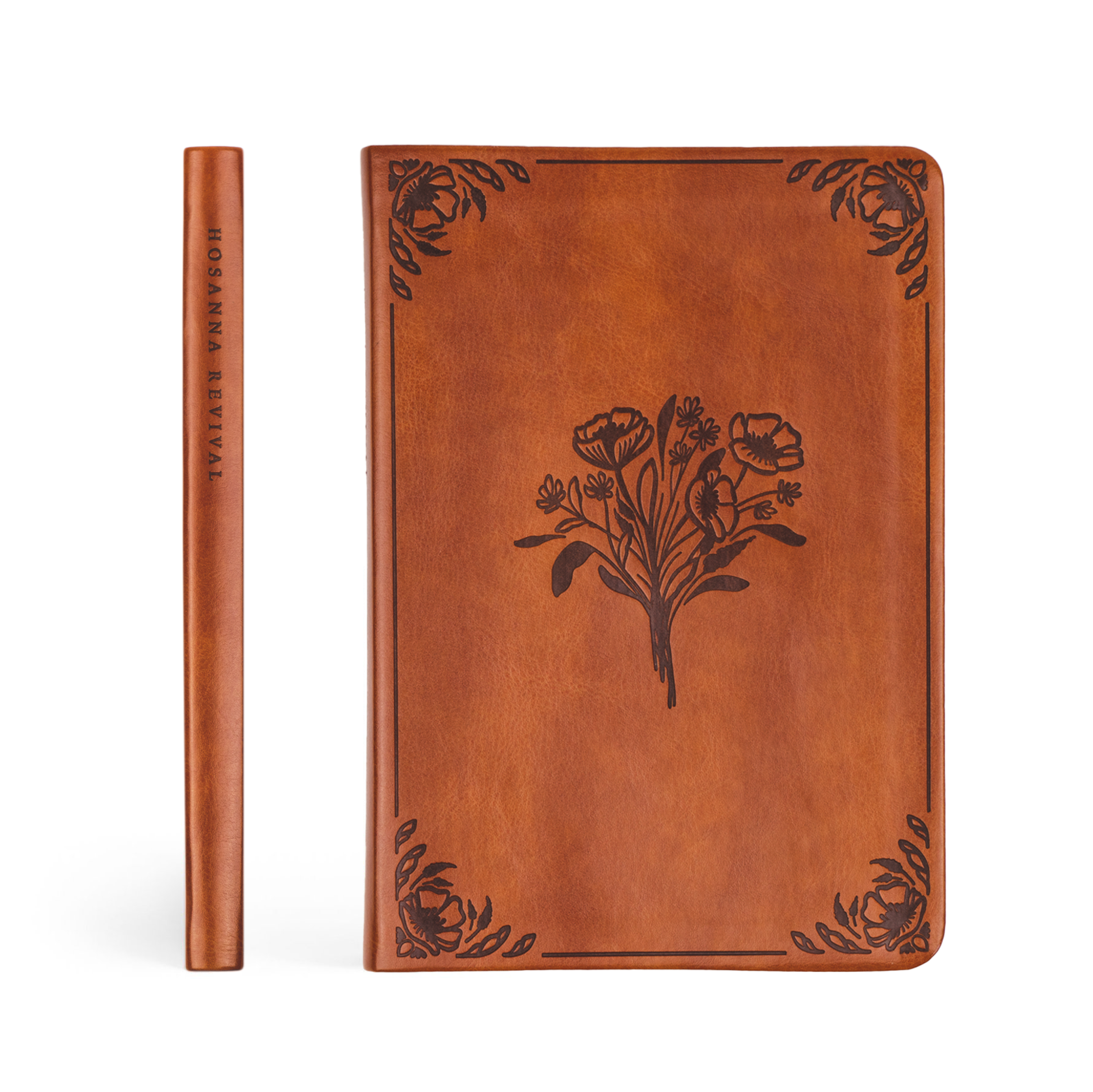 Vienna Christian notebook journal front cover with floral bouquet design and spine view on warm brown leather-like cover for prayer journaling and Bible study notes
