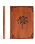 Vienna Christian notebook journal front cover with floral bouquet design and spine view on warm brown leather-like cover for prayer journaling and Bible study notes