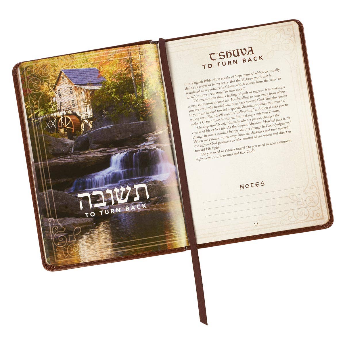 Full-color interior of the 52 Hebrew Words Every Christian Should Know gift book featuring Hebrew words, translations, and devotional content.
