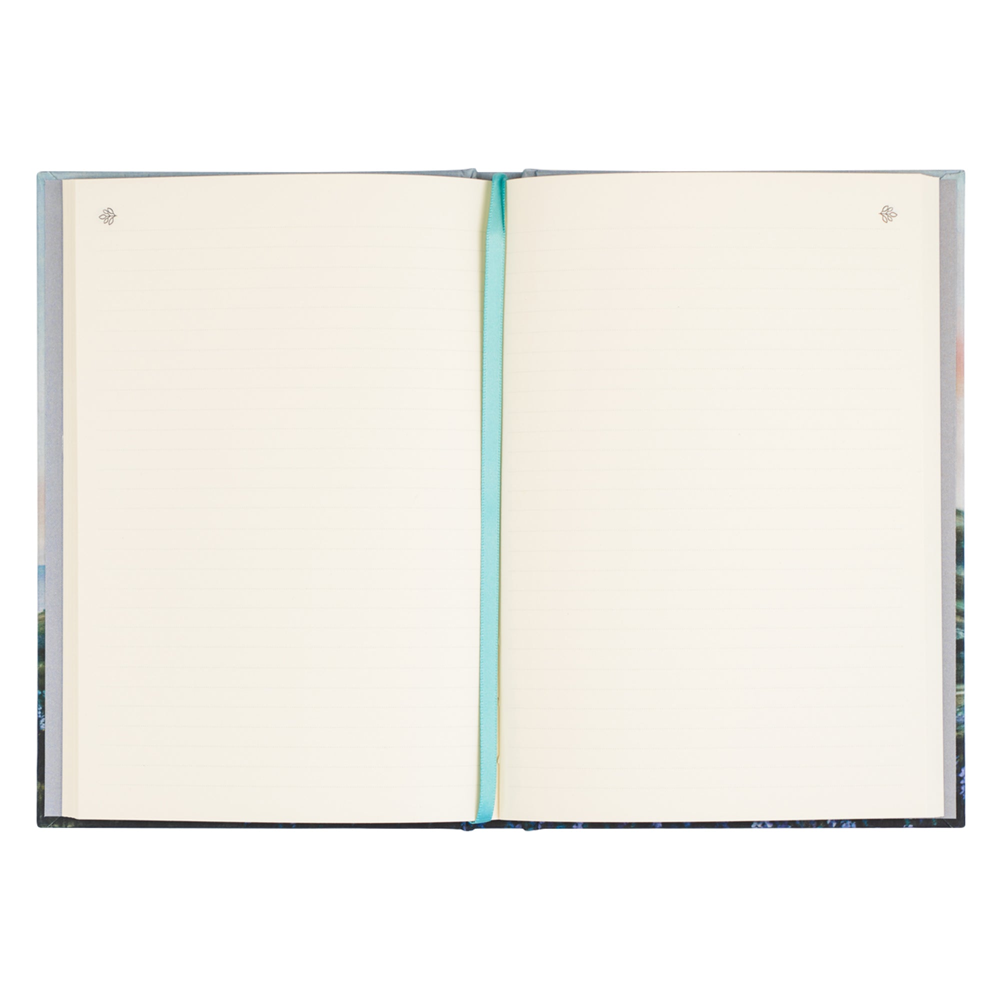 Lined interior pages of Restore My Soul Iceland Christian prayer journal with satin ribbon bookmark