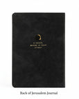 Back cover of the Jerusalem journal with gold text reading ‘O death, where is your sting?’ on a black suede-like cover.