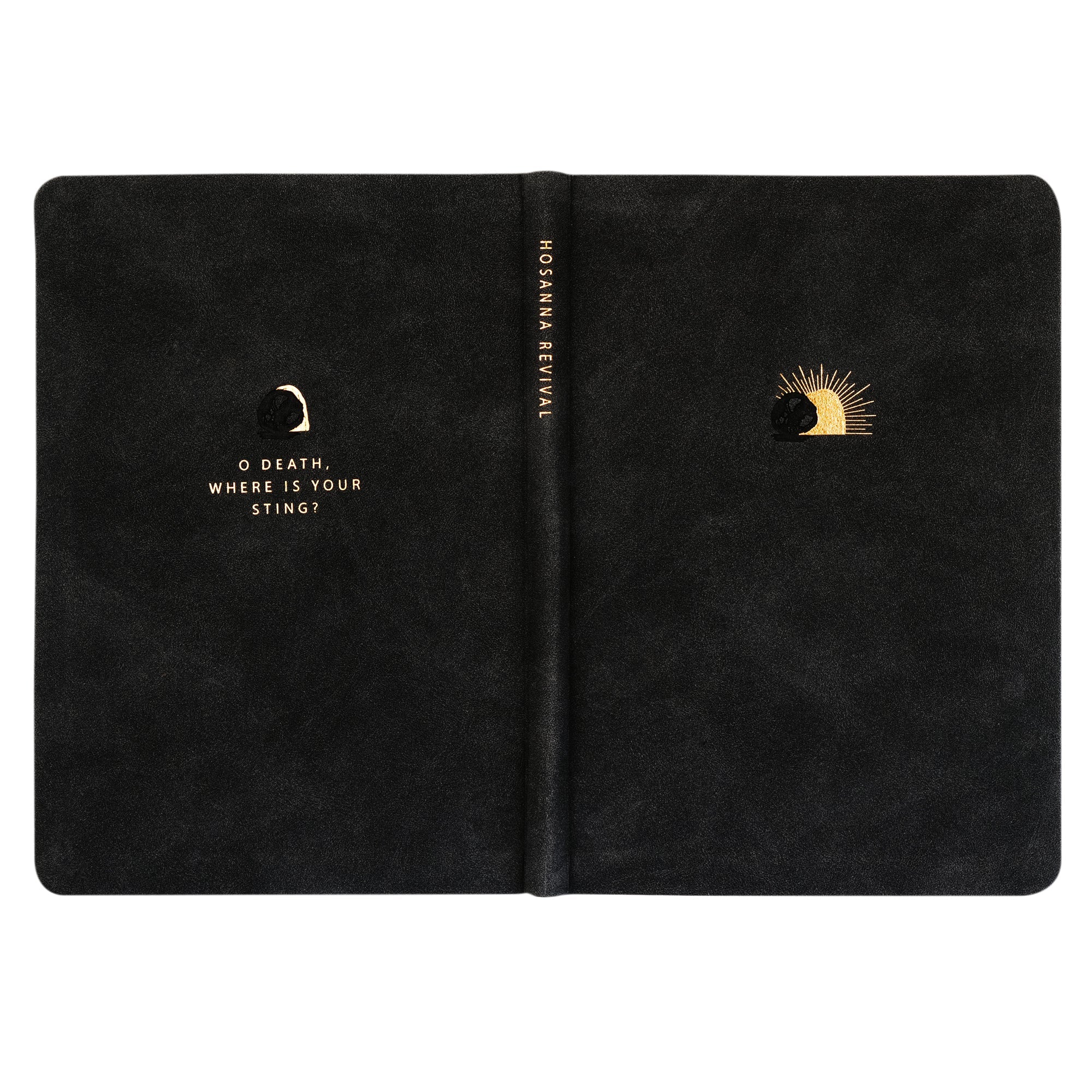 Full cover spread of the Jerusalem journal showing the front, back, and spine with gold sunrise artwork and the Scripture ‘O death, where is your sting?’ on a black suede-like cover.