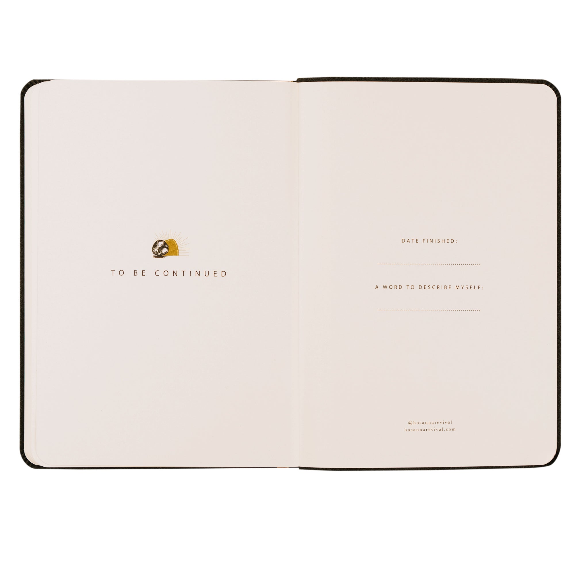 Inside pages of the Jerusalem journal showing the ‘To Be Continued’ illustration and personal fields for date finished and a word to describe myself.