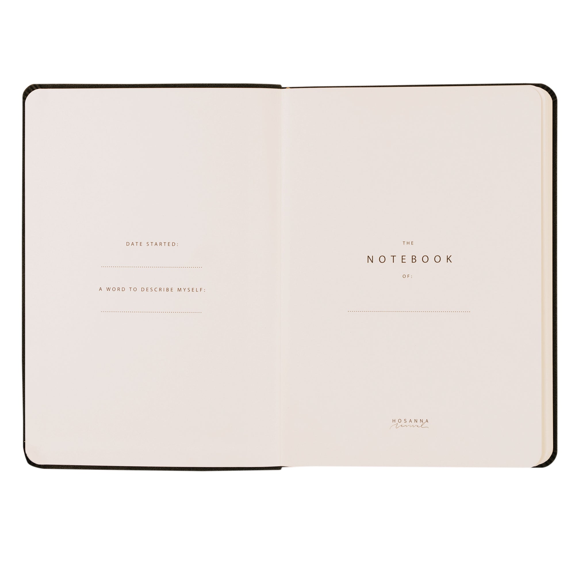 Interior pages of the Jerusalem journal showing fields for date started, a word to describe myself, and the ‘Notebook of’ personalization page.