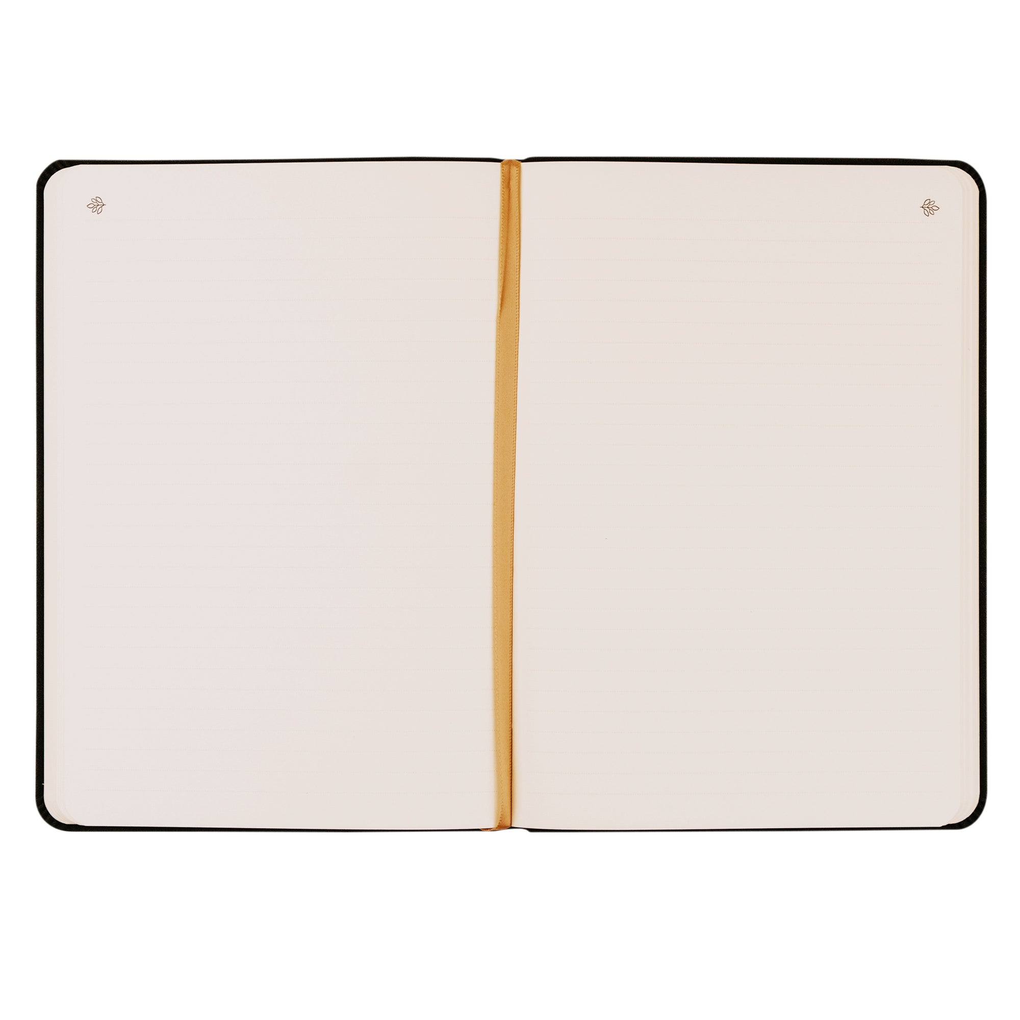 Open Jerusalem journal showing lined interior pages with a gold ribbon bookmark.