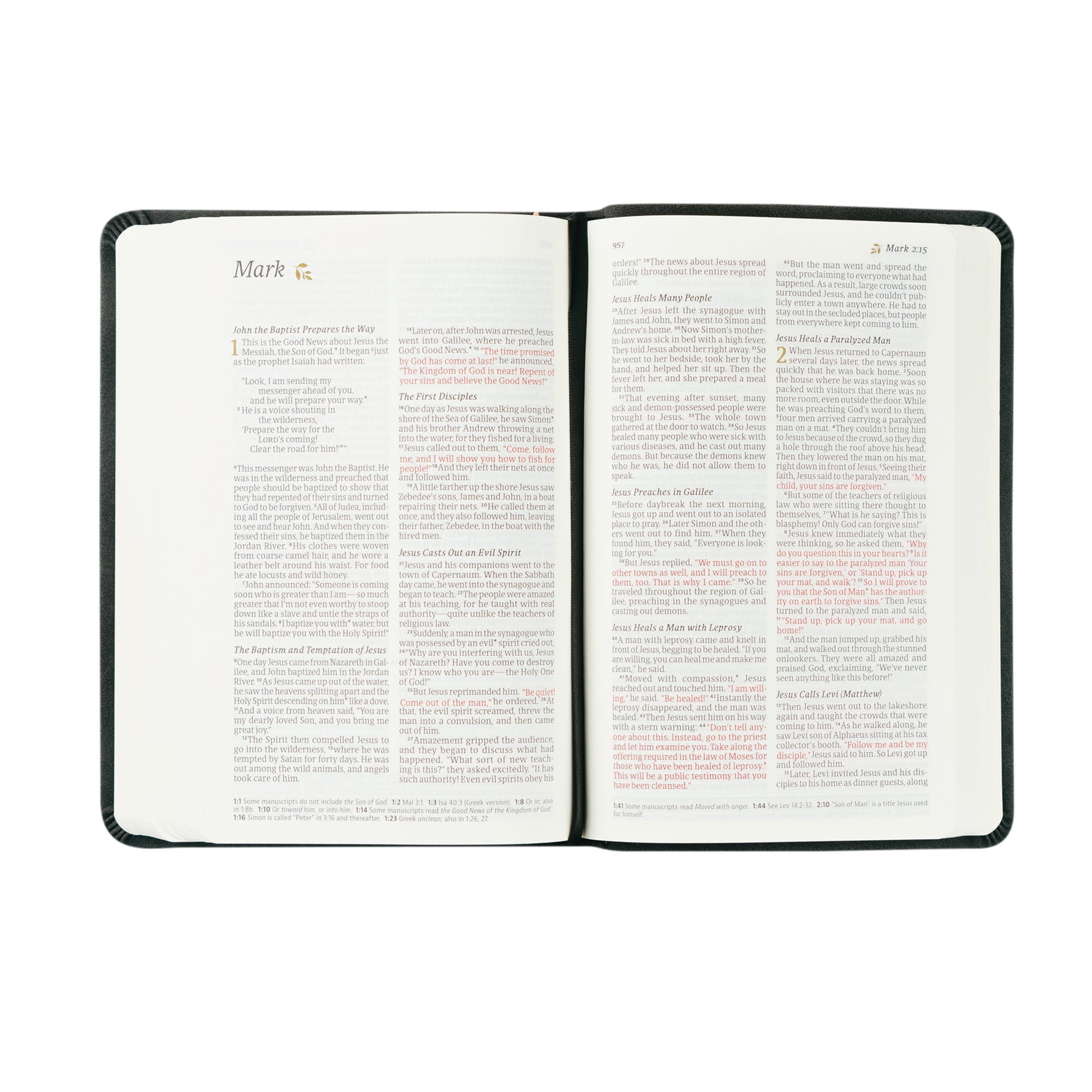 Open NLT compact Jerusalem Bible showing the book of Mark with red-letter text.