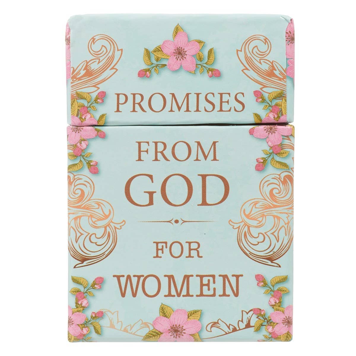 The Promises From God for Women Box of Blessings with teal floral design, filled with 101 Bible verses and inspirational Scripture cards.