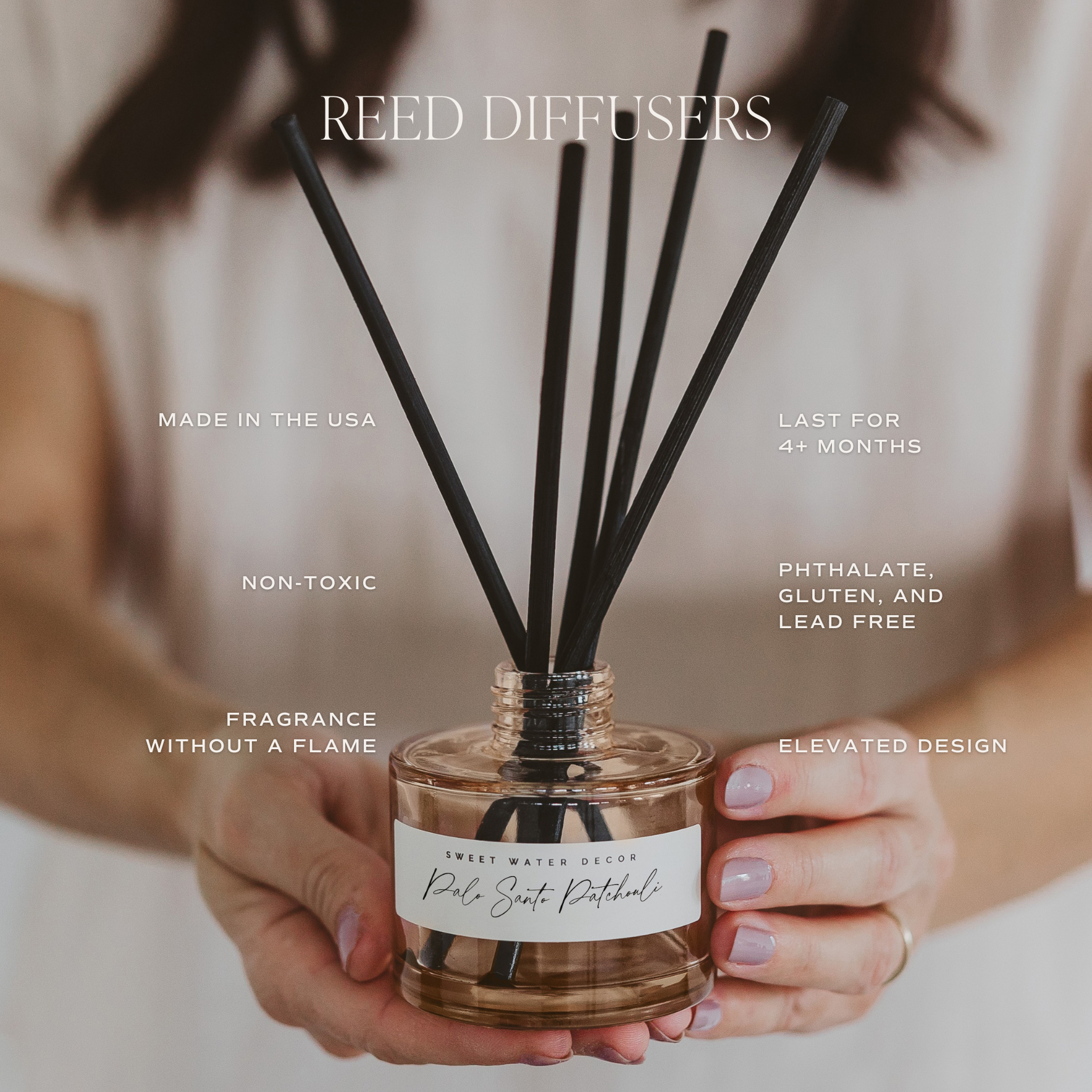 Reed diffuser information: Made in the USA, Non-Toxic, Fragrance without a flame, last for 4+months, phthalate, gluten, and lead free, elevated design. 