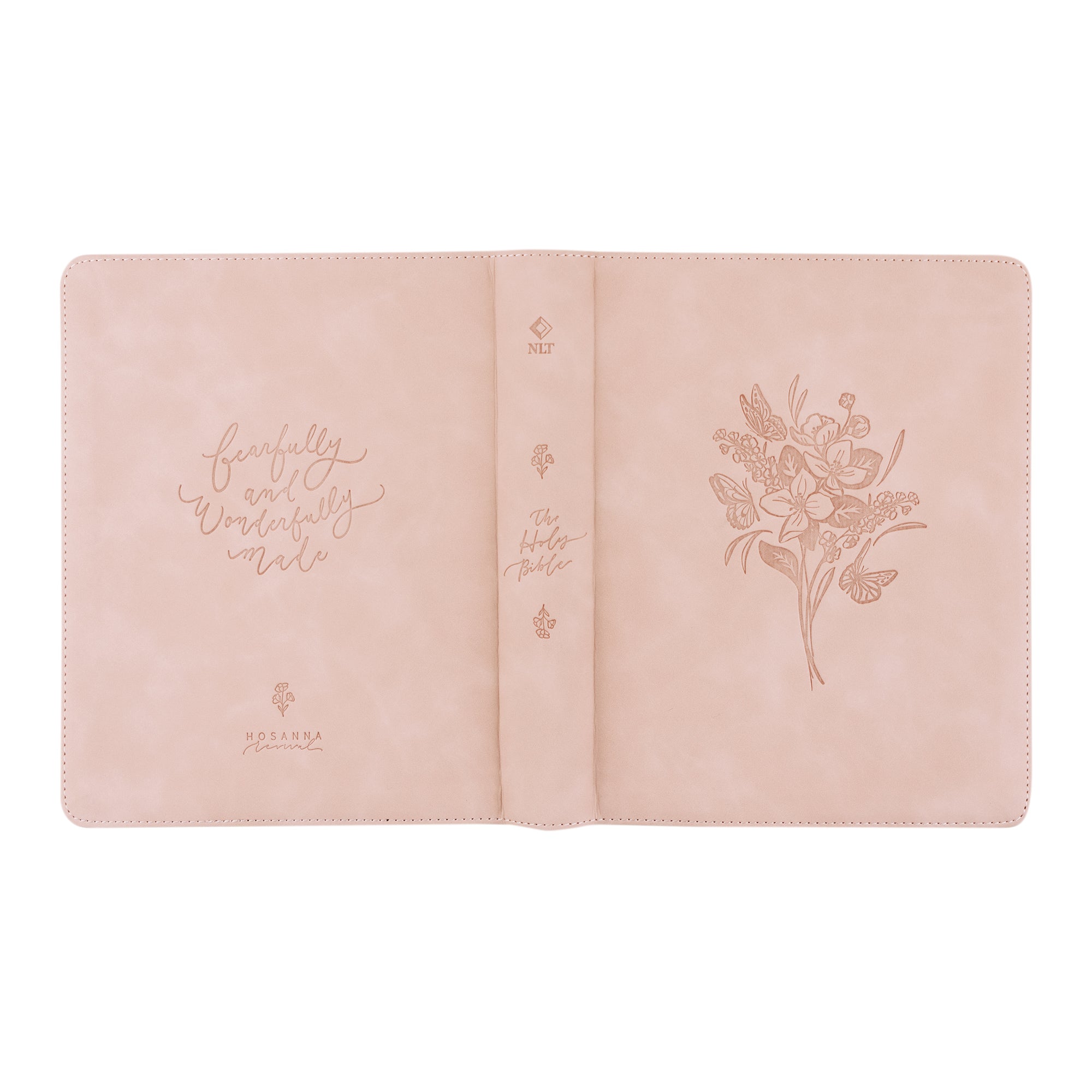 Shiloh NLT Notetaking Bible blush pink leather-like front and back covers with Psalm 139:14 scripture embossed