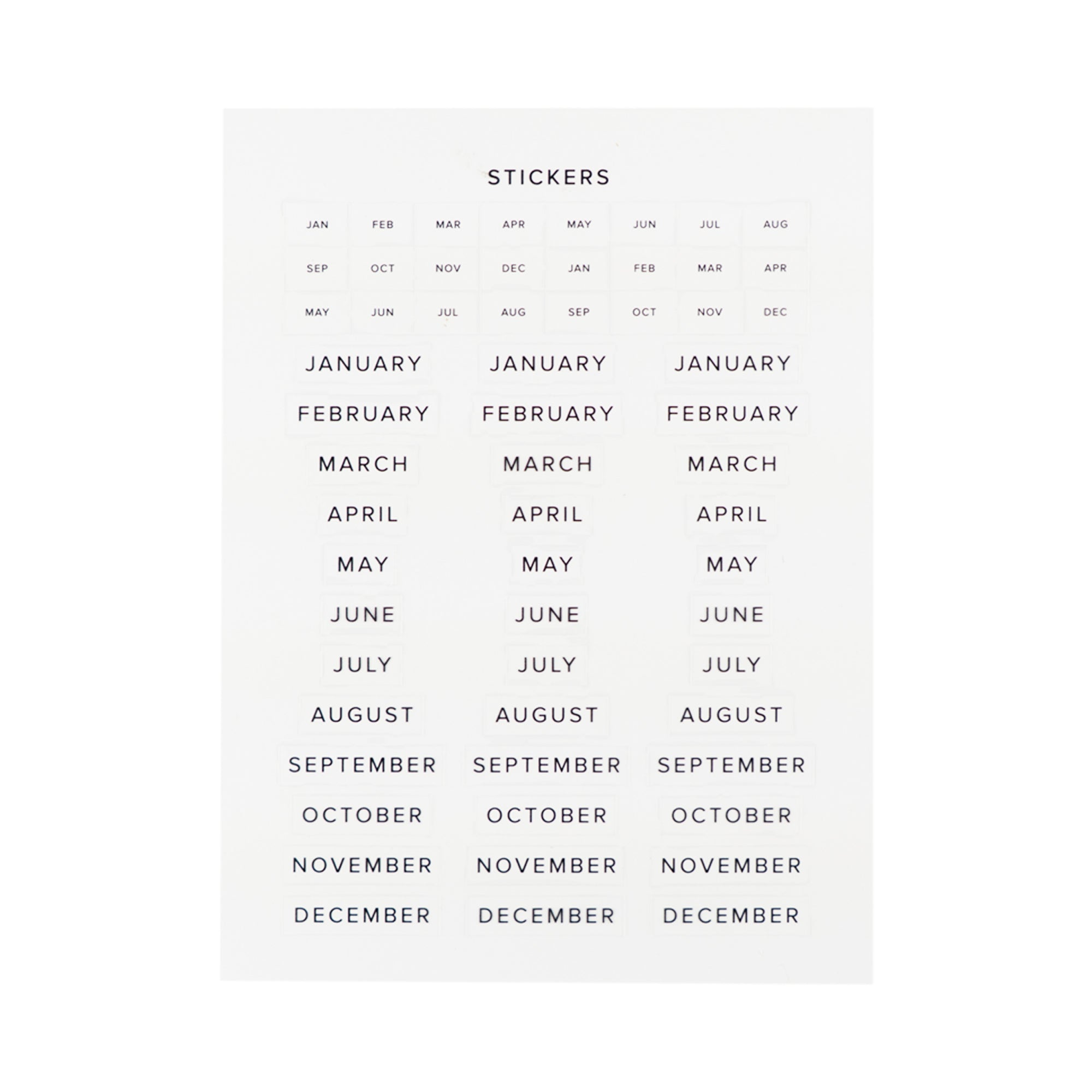 Stickers with months of the year printed on a white background