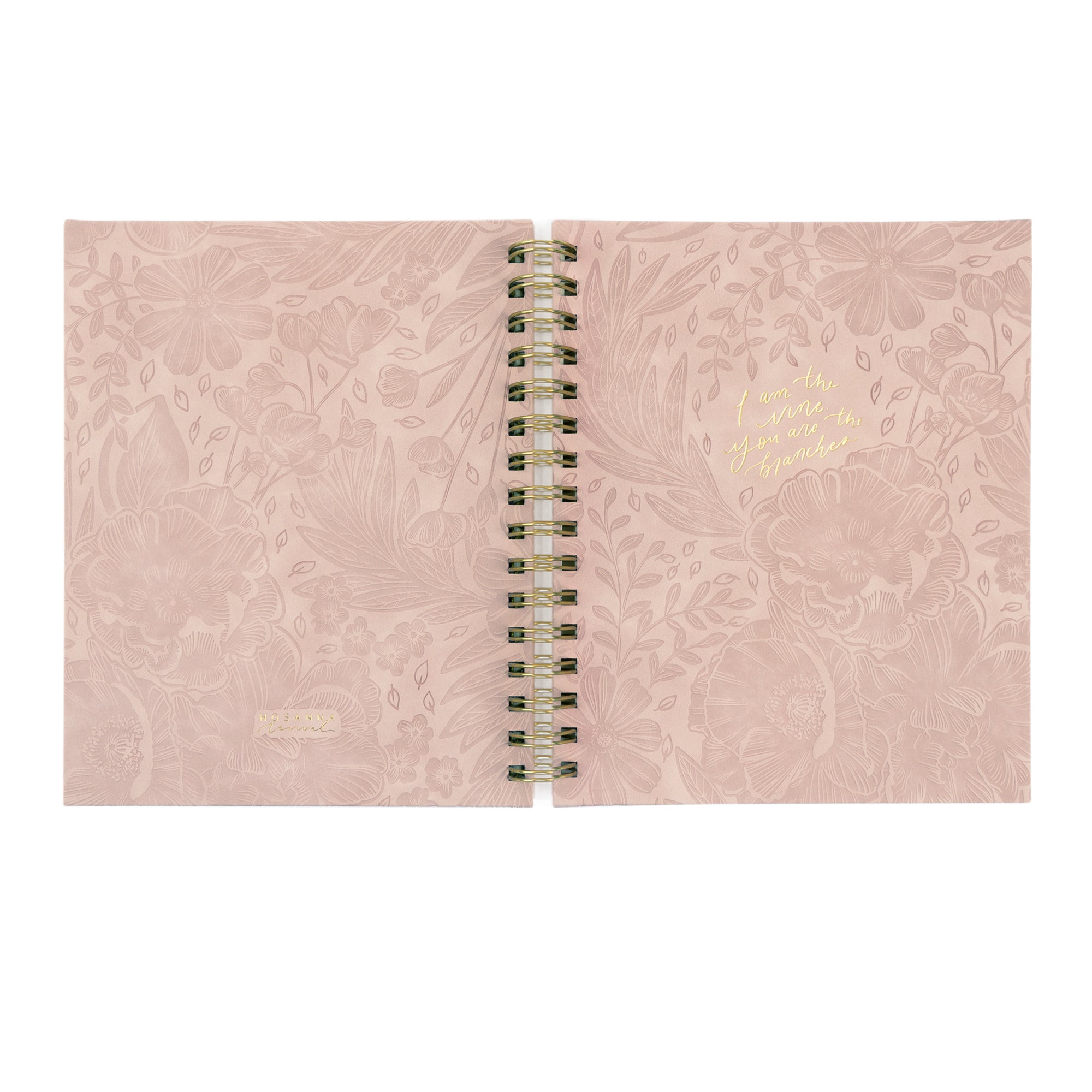 Pink notebook planner with floral pattern and gold text. Front and back cover laid out. 