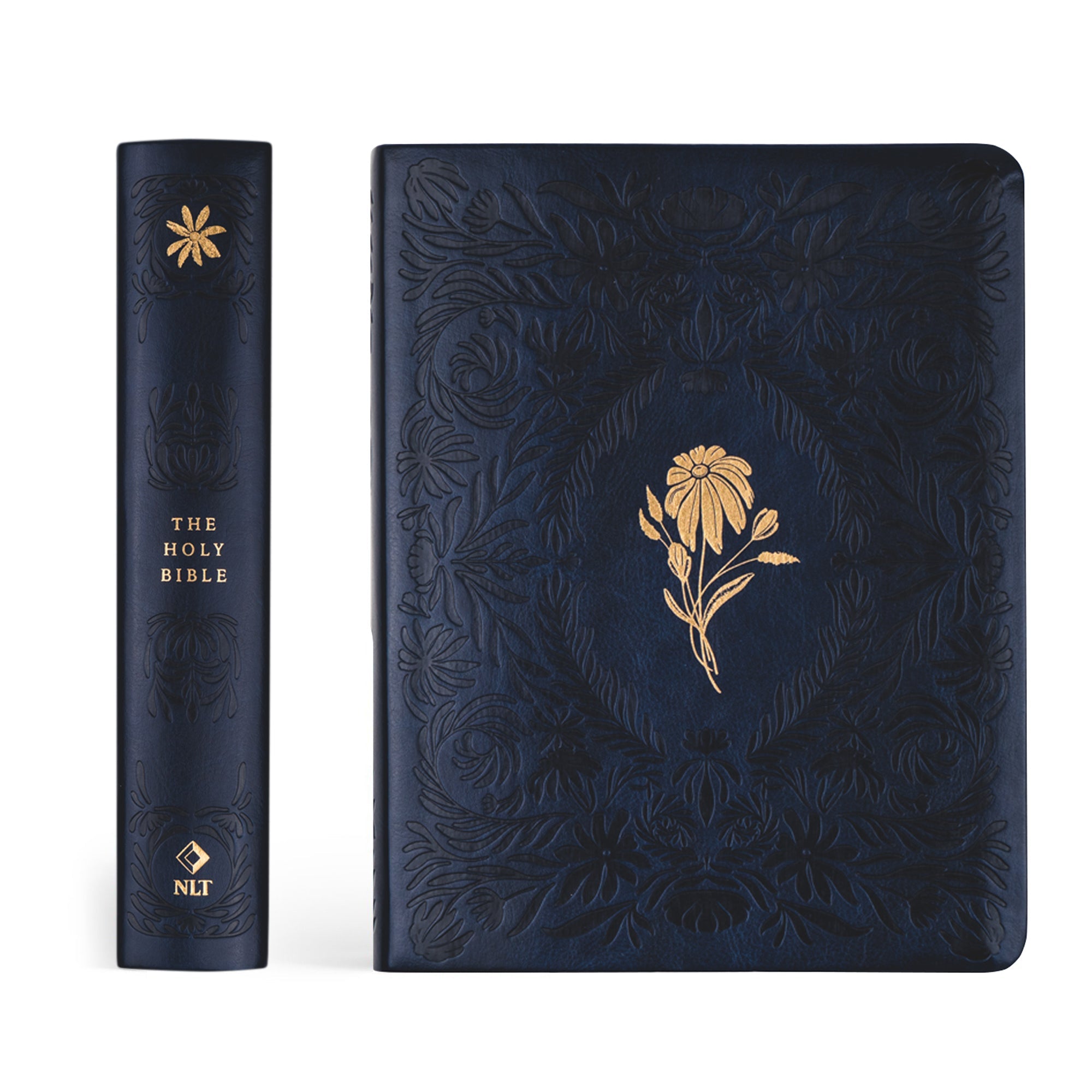 Versailles NLT Notetaking Bible cover with visible spine, gold floral design, and leather-like finish
