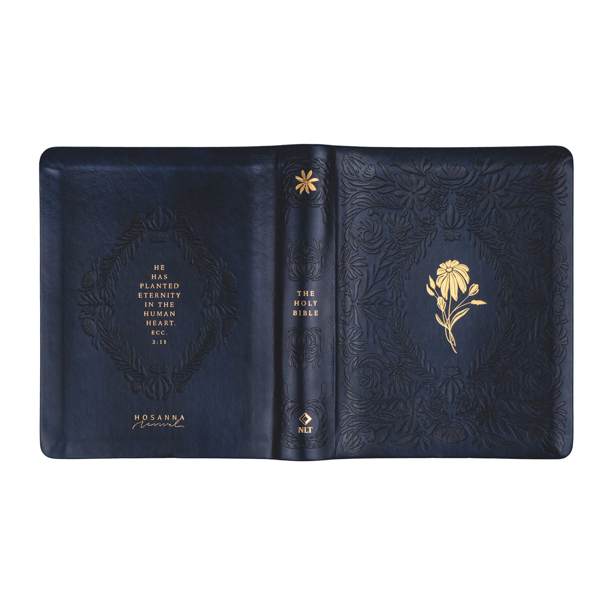 Versailles NLT Bible front and back covers with gold floral pattern and Ecclesiastes 3:11 verse