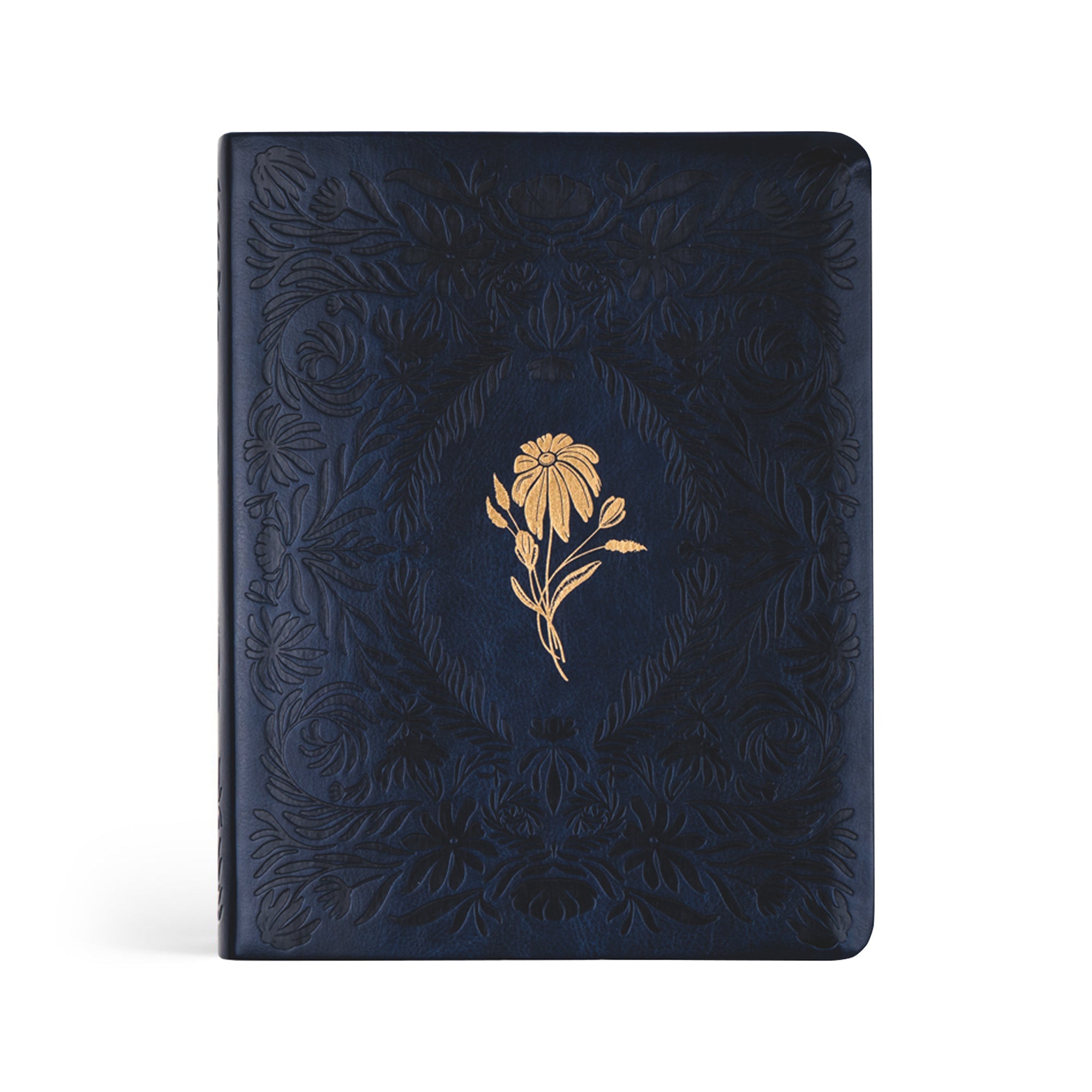 A navy blue notetaking Bible with a gold floral design on the cover, inspired by the Versailles Palace.