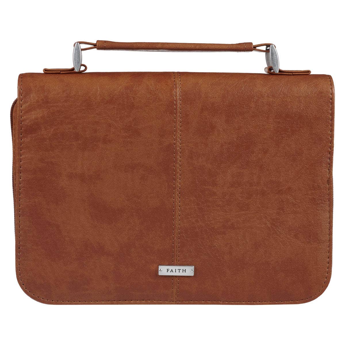 Faith honey brown faux leather Bible cover featuring vertical stitched seam, silver Faith badge, and classic smooth leather design for Christian Bible protection