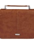 Faith honey brown faux leather Bible cover featuring vertical stitched seam, silver Faith badge, and classic smooth leather design for Christian Bible protection