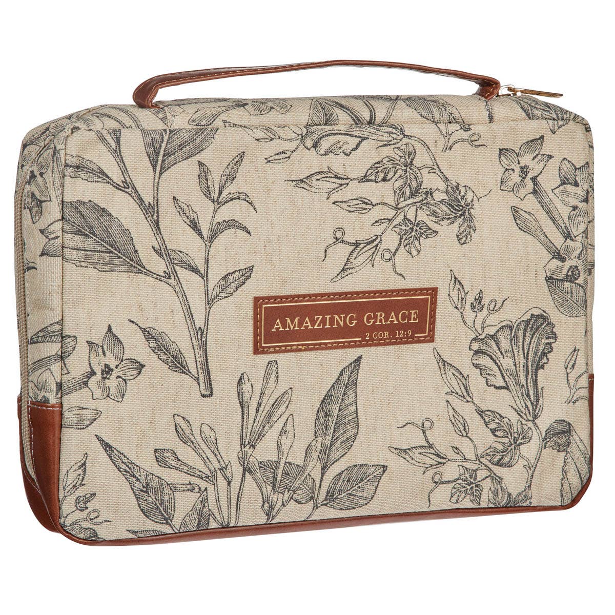 Angled view of Amazing Grace natural canvas Bible cover showing the floral screen-printed design
