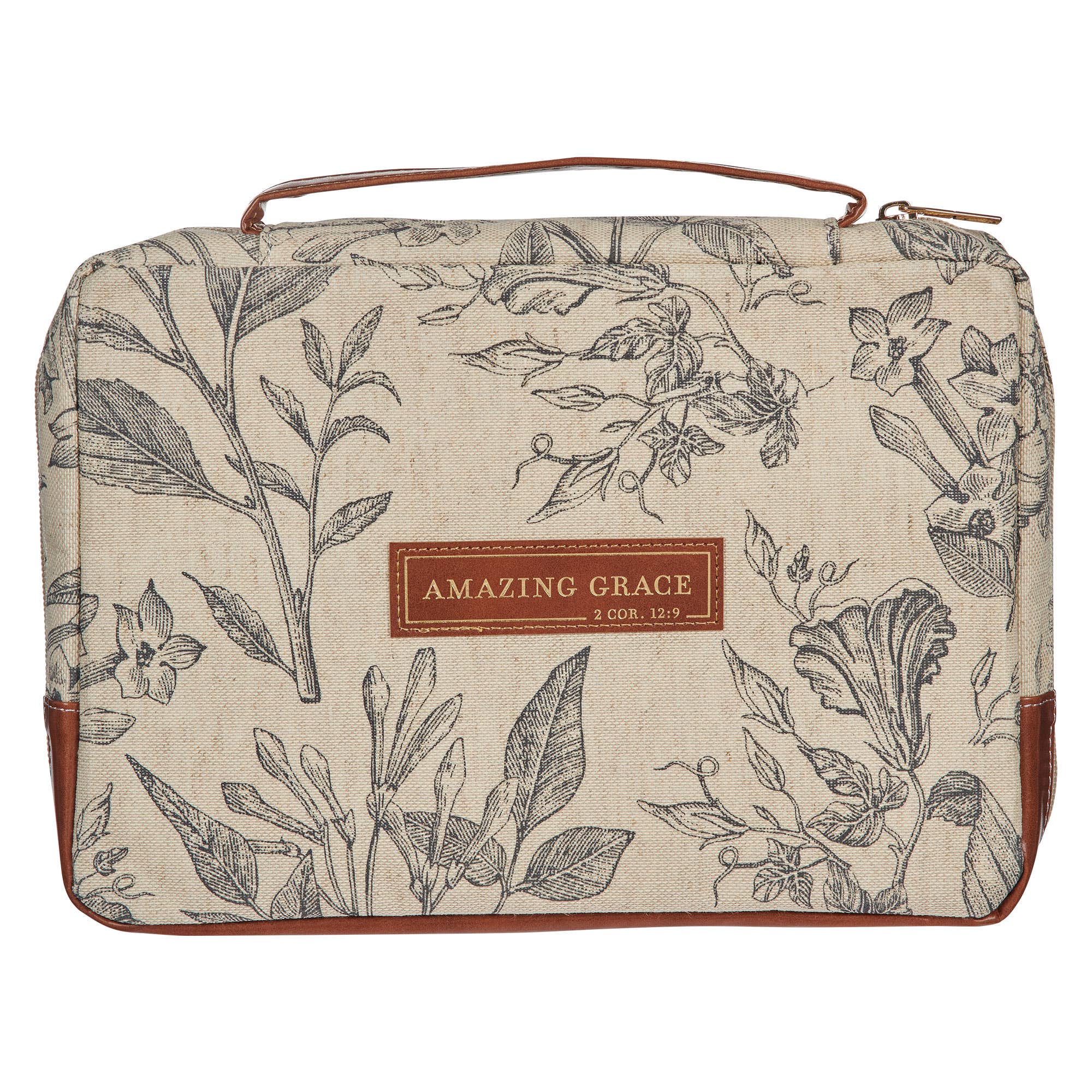 Close-up front view of Amazing Grace natural canvas Bible cover with pencil-sketched floral design and gold-foiled sentiment