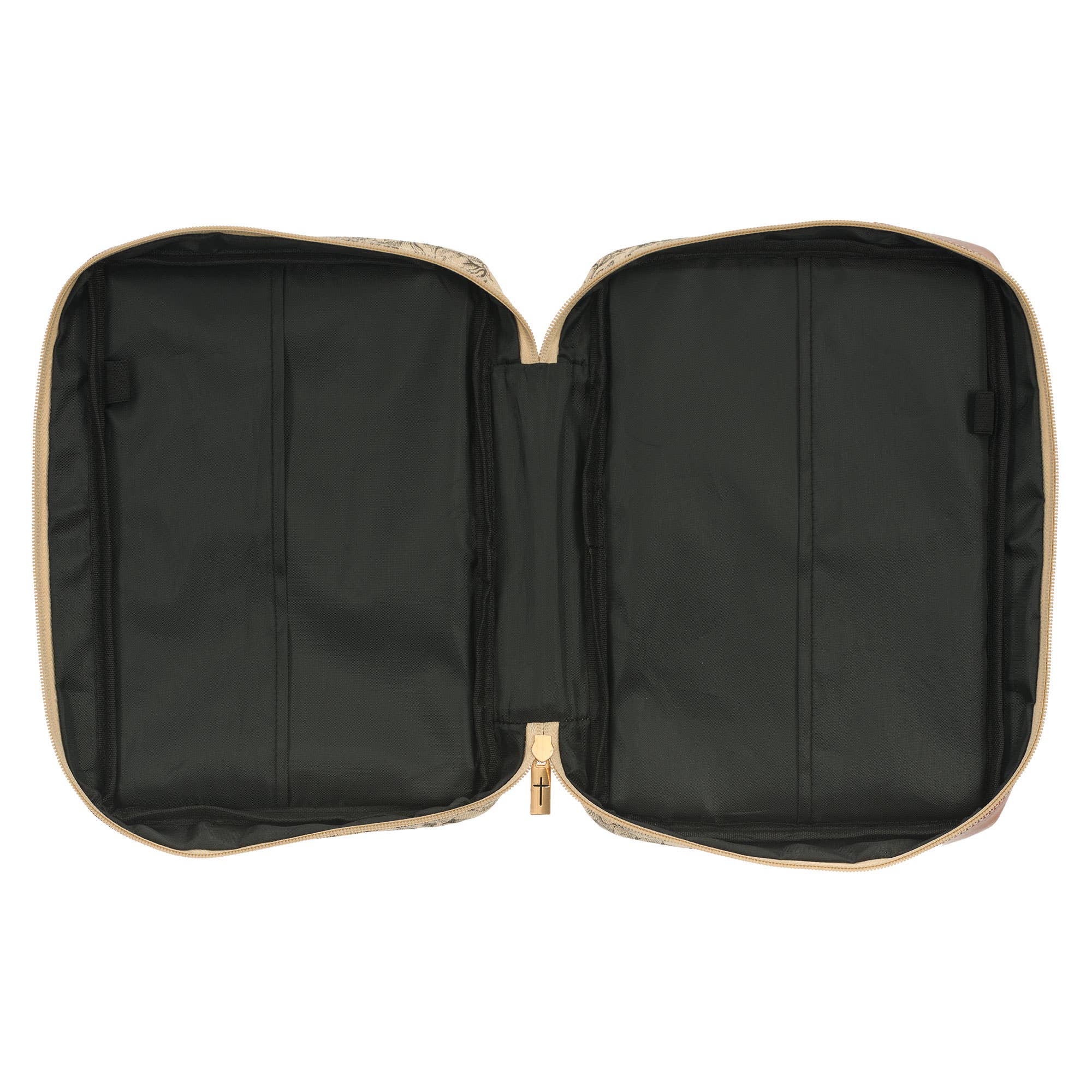 Detail view of Amazing Grace natural canvas Bible cover showing honey-brown faux leather lay-flat handle and gold metal zipper pull