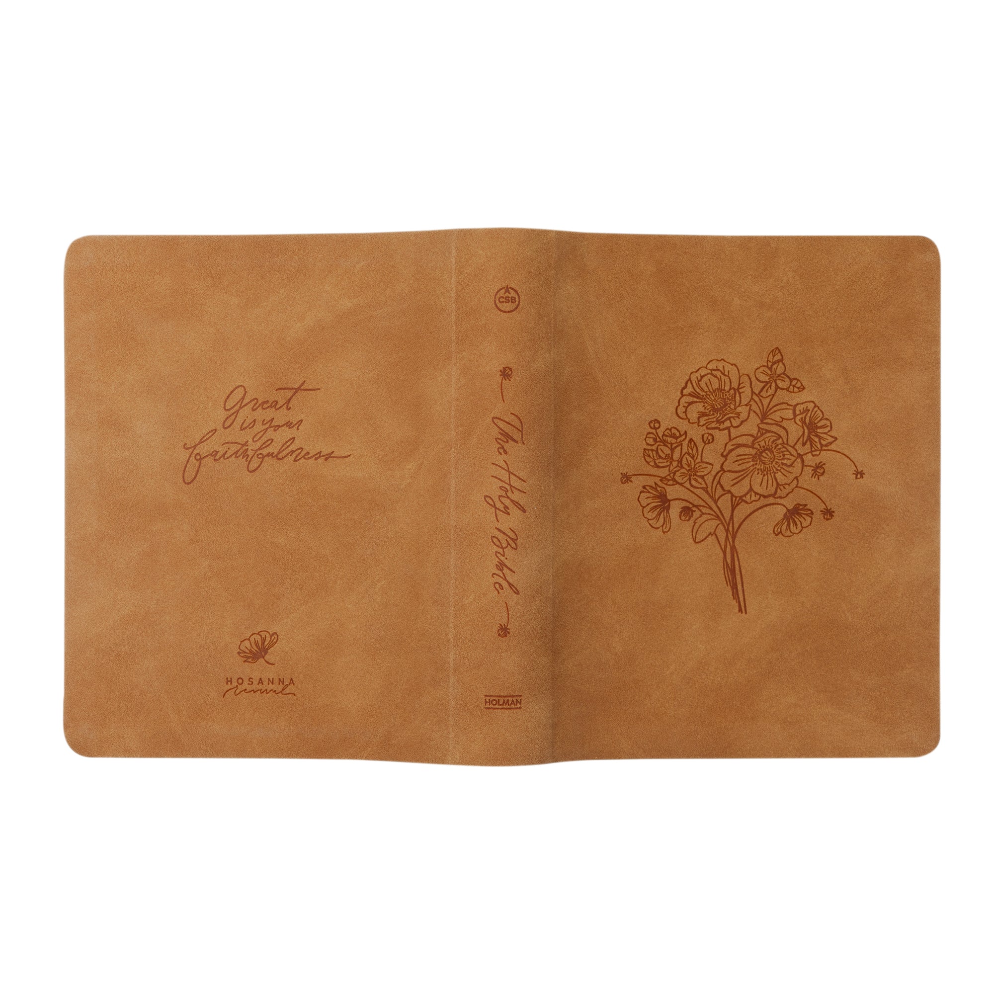 Amelia Christian Standard Bible (CSB) Notetaking Bible spread out to display the soft brown leather-like front and back covers with elegant design details.